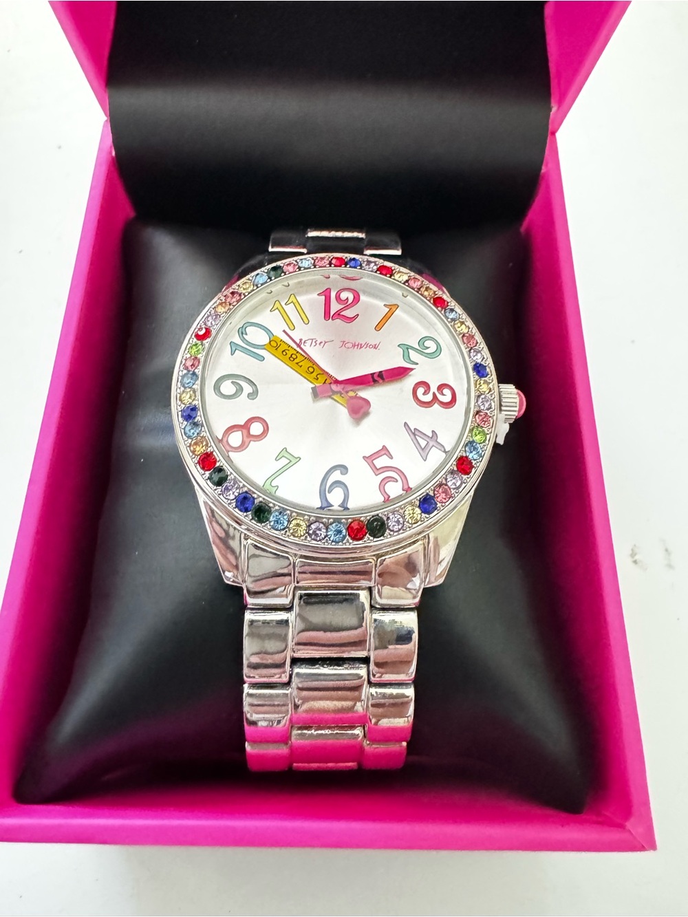 NWT Betsy Johnson Multicolor Crystal Bezel Silver Bracelet Watch